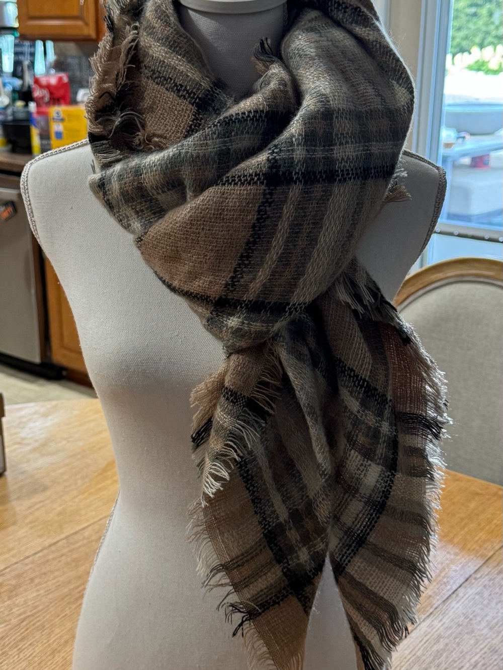 Plush Plaid Throw/scarf/Shawl in Tan and Black